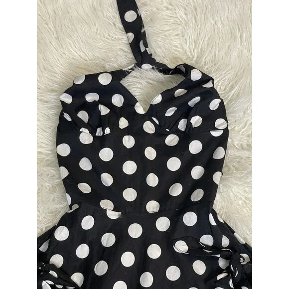 Women's Hell Bunny Black Polkadot Retro Pin Up Halter Dress EUC Size Small - Picture 2 of 8